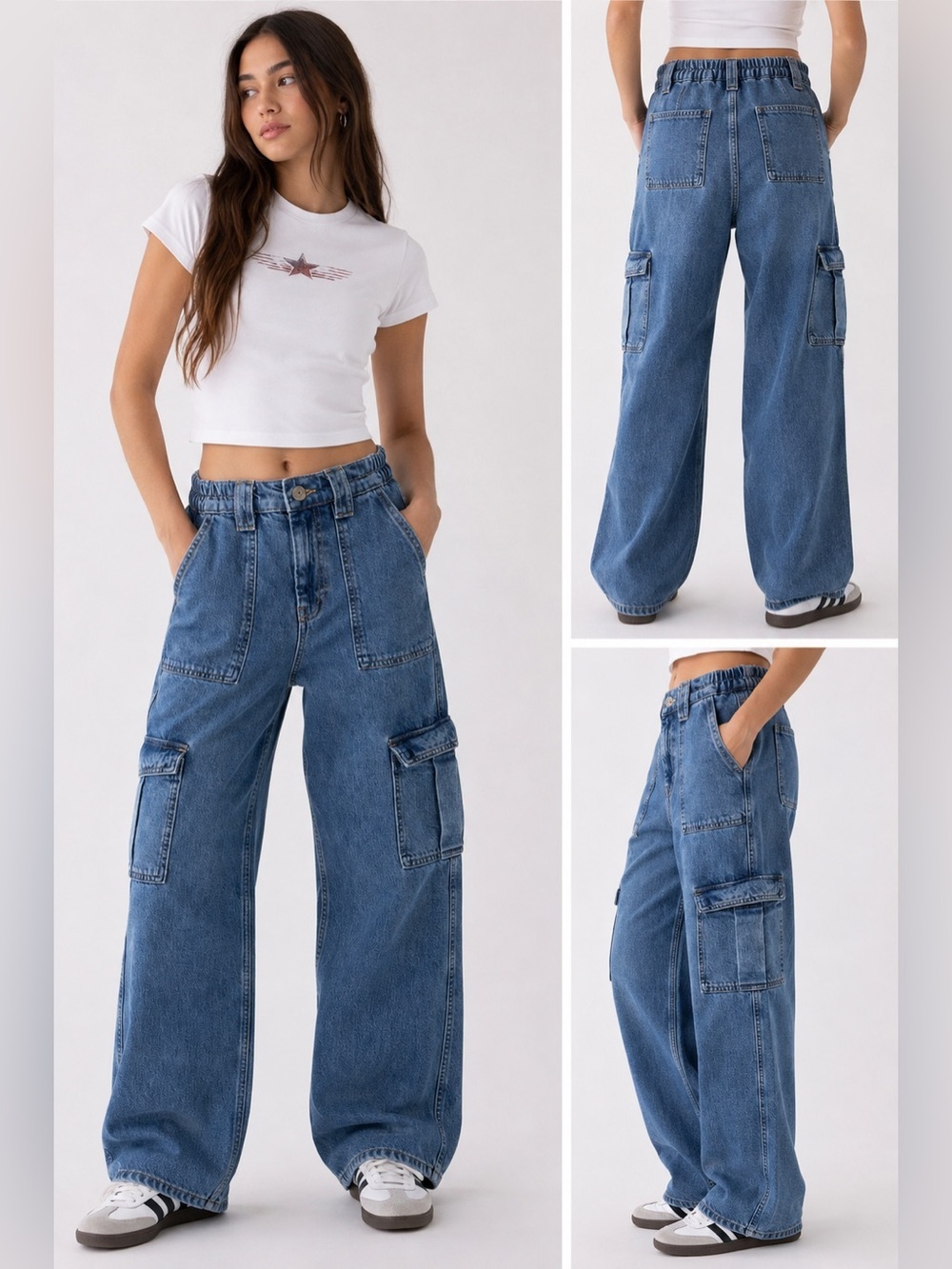 BDG Relaxed Wide-Leg Cargo Jeans in Blue Denim